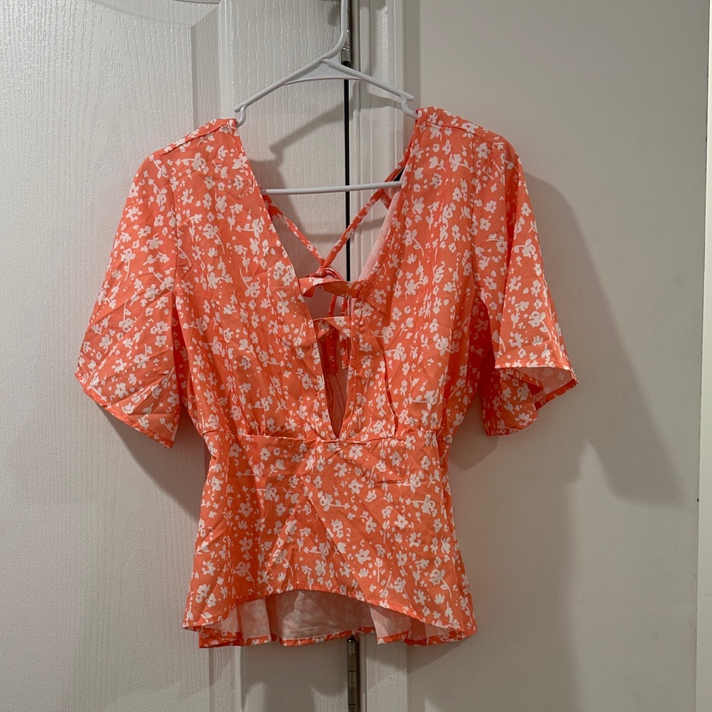 SHEIN Orange Floral Tie-Back Blouse
